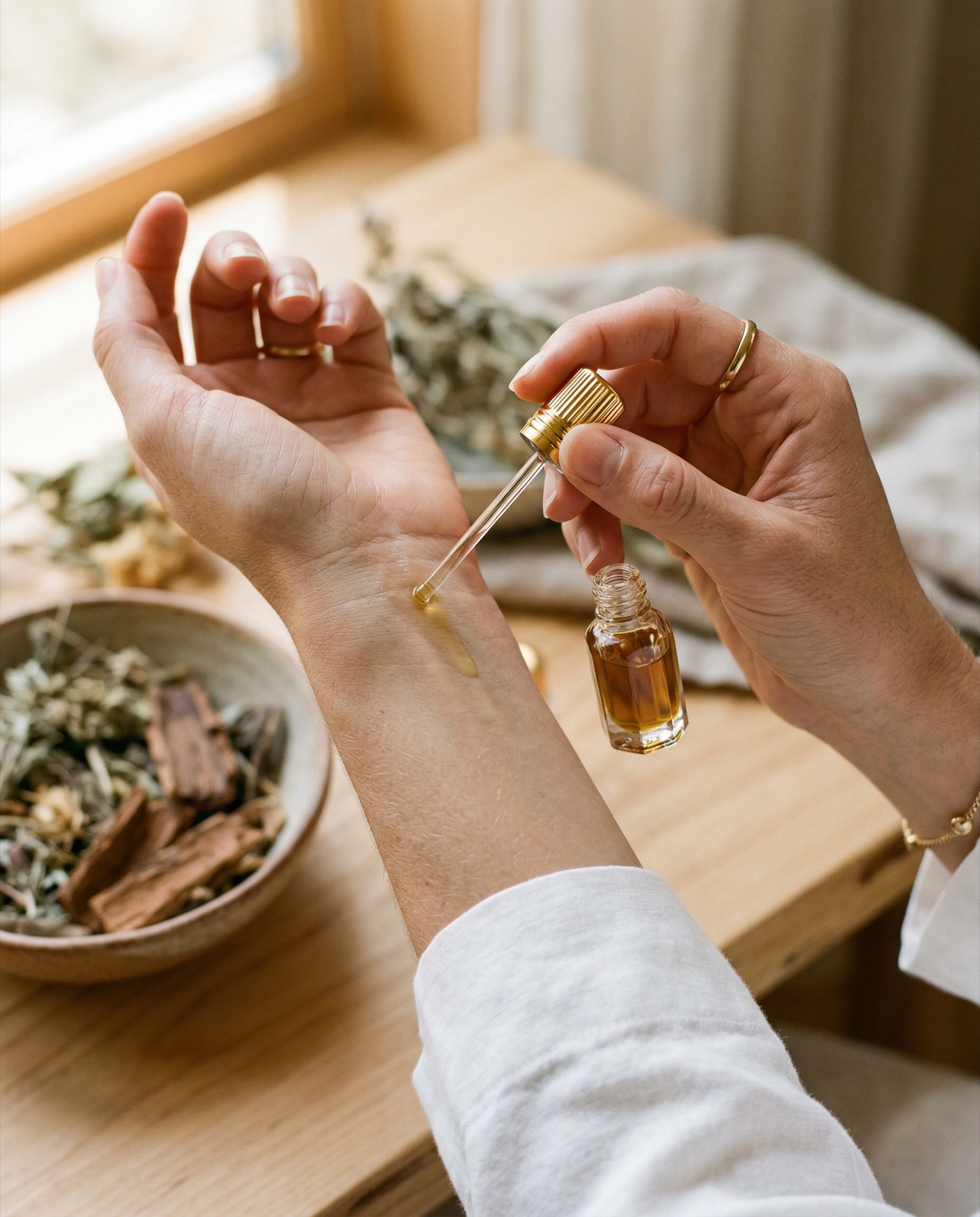 Main tenant un flacon d'huile de oud artisanale Woudya