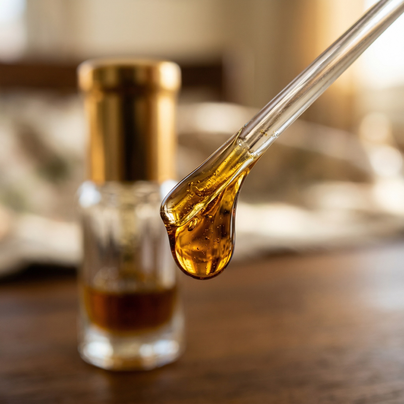Gros plan d'huile de oud pure montrant la couleur ambre dorée et la viscosité