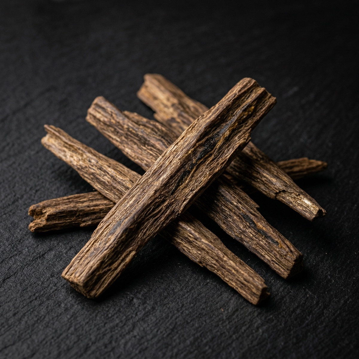 Détail de texture des copeaux d'agarwood sombre montrant le grain résineux du bois