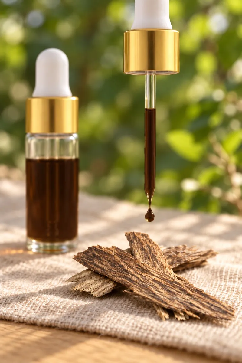 Drop of pure oud oil on a pipette, deep amber-brown, almost black in mass